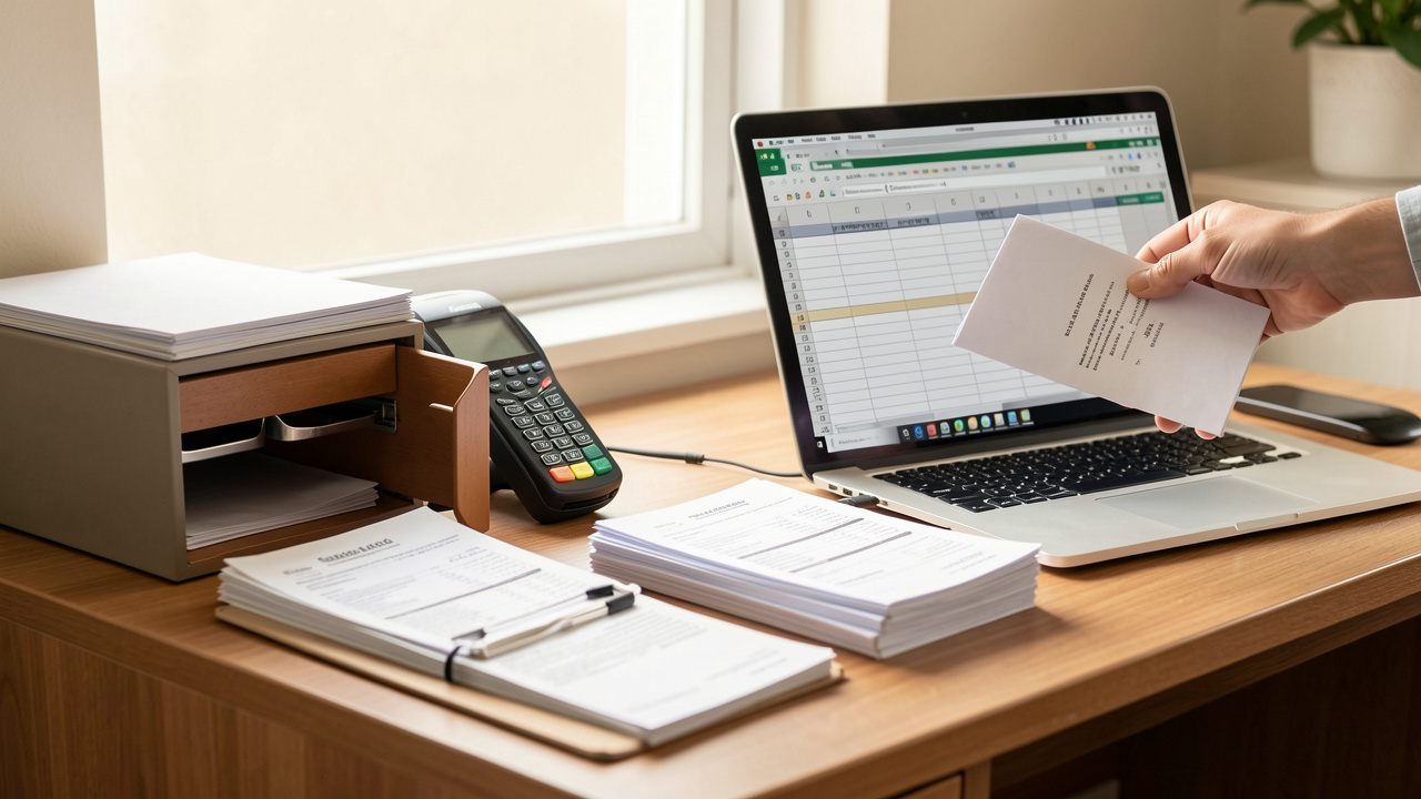 Bureau de comptabilité documentaire avec tiroir-caisse, terminal de paiement sans contact, fiches de paie et ordinateur, ambiance professionnelle et lumière naturelle.