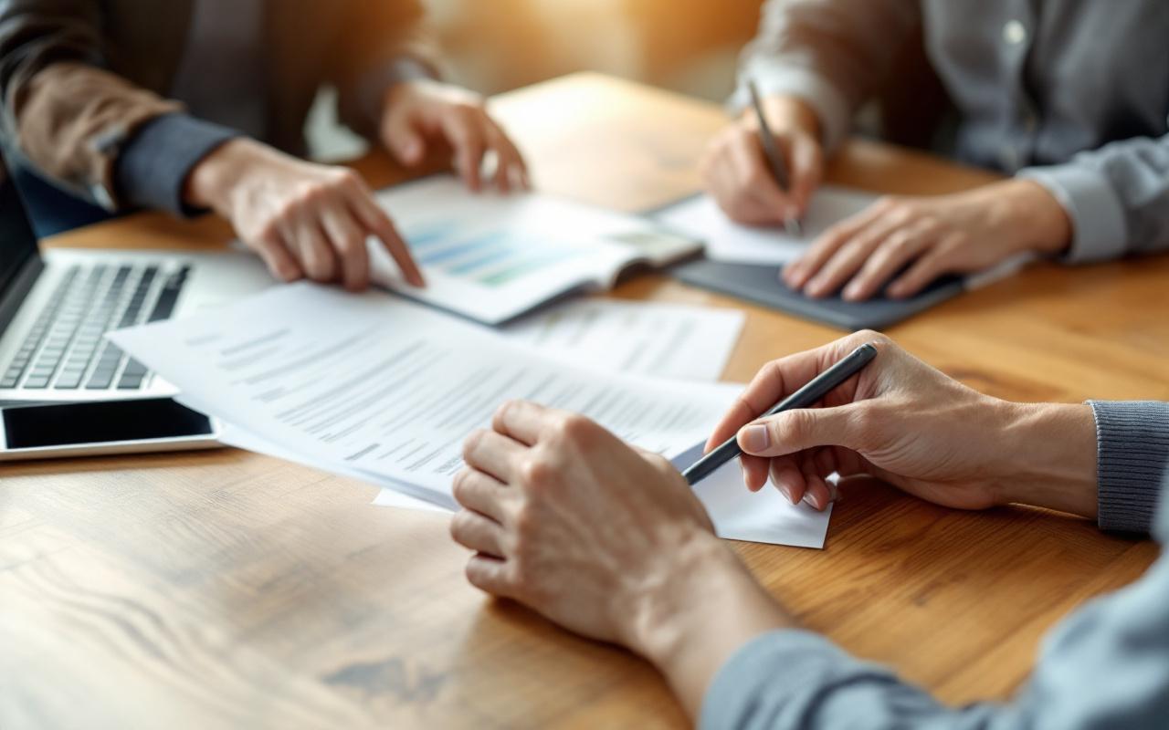 Équipe d’une PME digitale préparant un déplacement professionnel : documents d’assurance et ordinateur sur une table de réunion, ambiance de travail en salle moderne.
