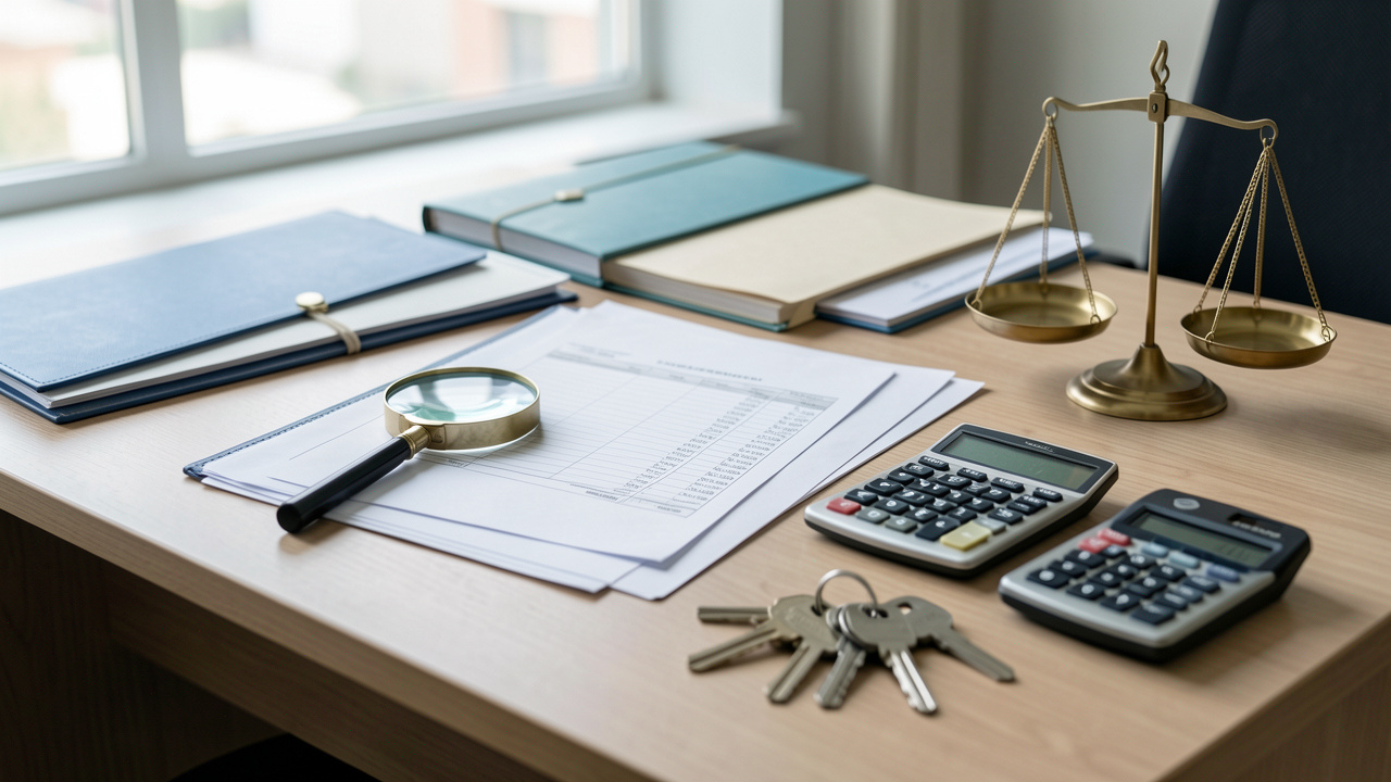 Bureau de vérification financière avec des documents vierges, une loupe, une calculatrice, des dossiers fermés, des clés et une balance symbolisant l’évaluation des dettes d’une entreprise.