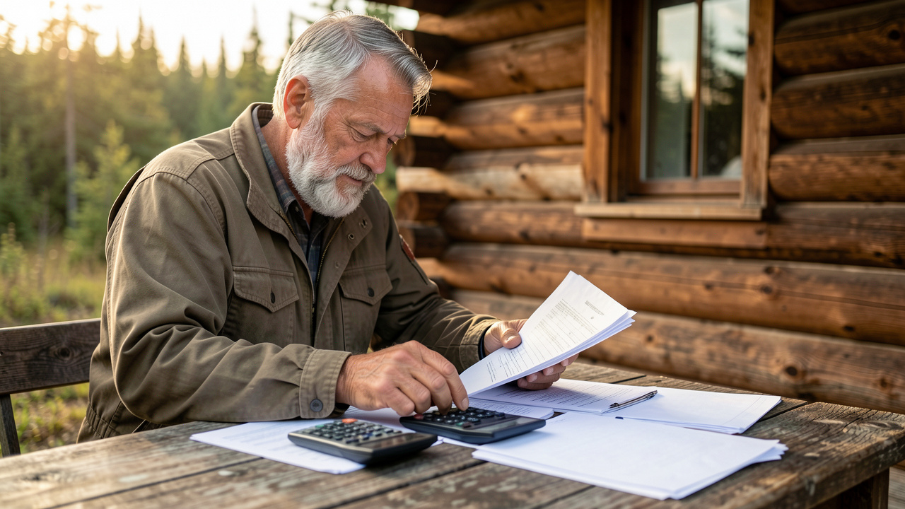 Homme barbu d’âge mûr examinant des documents financiers près d’une cabane en bois dans un décor rural.