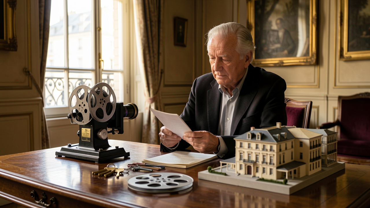 Un acteur français âgé examine des bobines de film, une caméra ancienne, des clés immobilières et des maquettes architecturales dans un appartement parisien élégant.