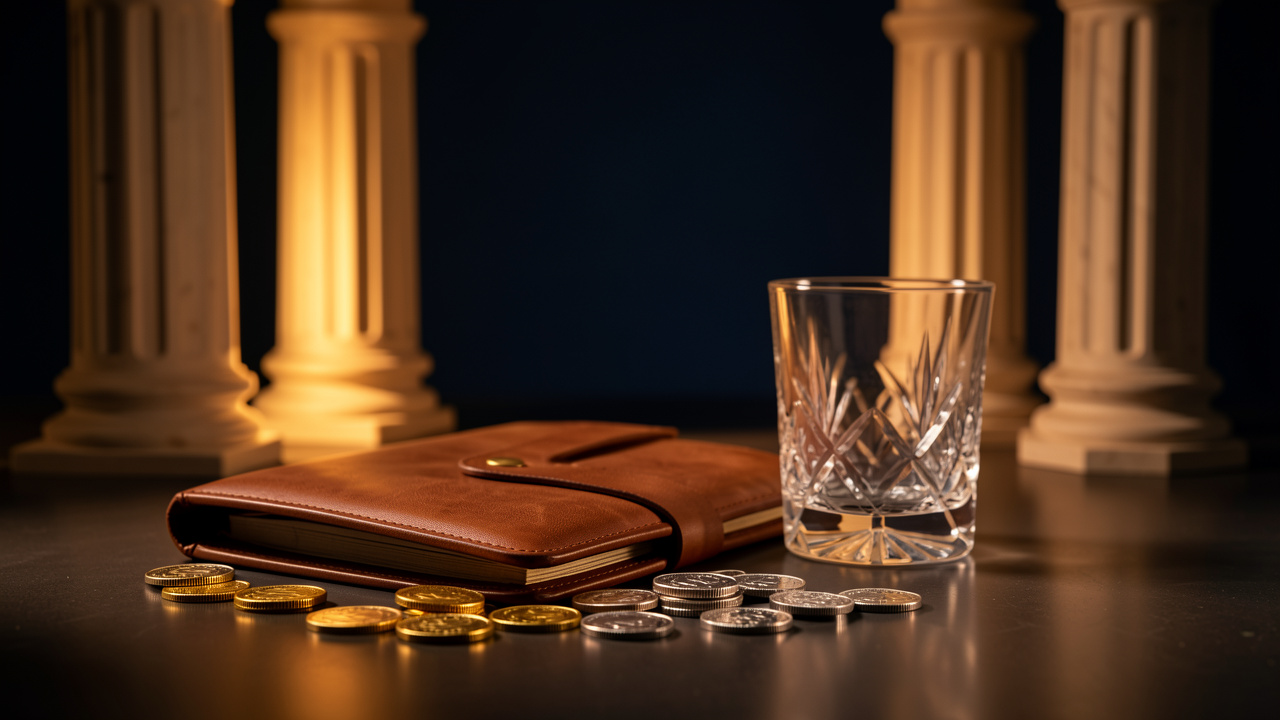Nature morte élégante évoquant l’estimation d’une fortune, avec des pièces dorées et argentées, un portefeuille en cuir fermé et des colonnes éclairées.