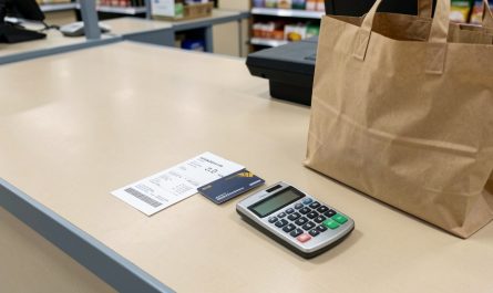 Comptoir de caisse de supermarché avec un chèque, un reçu, une carte bancaire et une calculatrice, illustrant la vérification d’une opération après les achats.