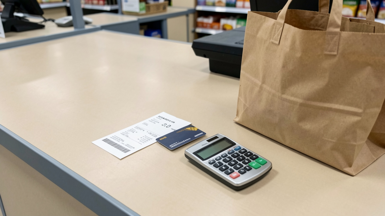 Comptoir de caisse de supermarché avec un chèque, un reçu, une carte bancaire et une calculatrice, illustrant la vérification d’une opération après les achats.