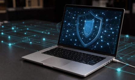 Ordinateur portable connecté à un réseau numérique sécurisé représenté par des nœuds lumineux bleus et des chemins géométriques.