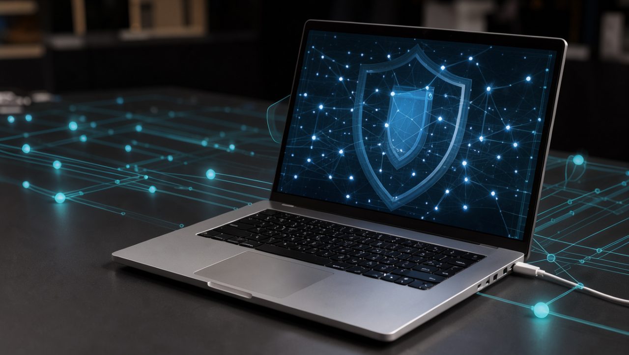 Ordinateur portable connecté à un réseau numérique sécurisé représenté par des nœuds lumineux bleus et des chemins géométriques.