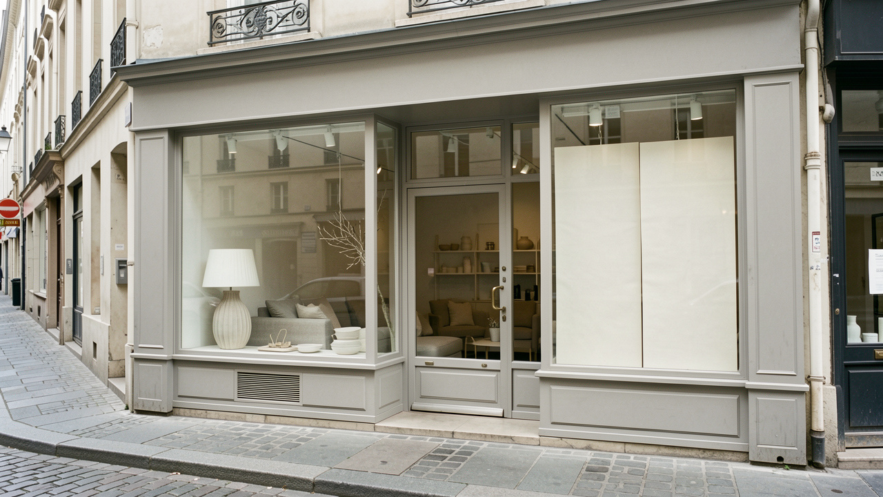Devanture sobre d’un magasin de décoration fermé dans une rue commerçante française, avec vitrines peu garnies et ambiance réaliste et documentaire.