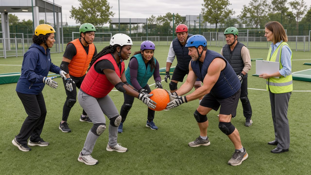 Équipe diverse de salariés participant à une activité sportive collective sur un terrain sécurisé, sous l’observation attentive d’une responsable des ressources humaines munie d’un support vierge.