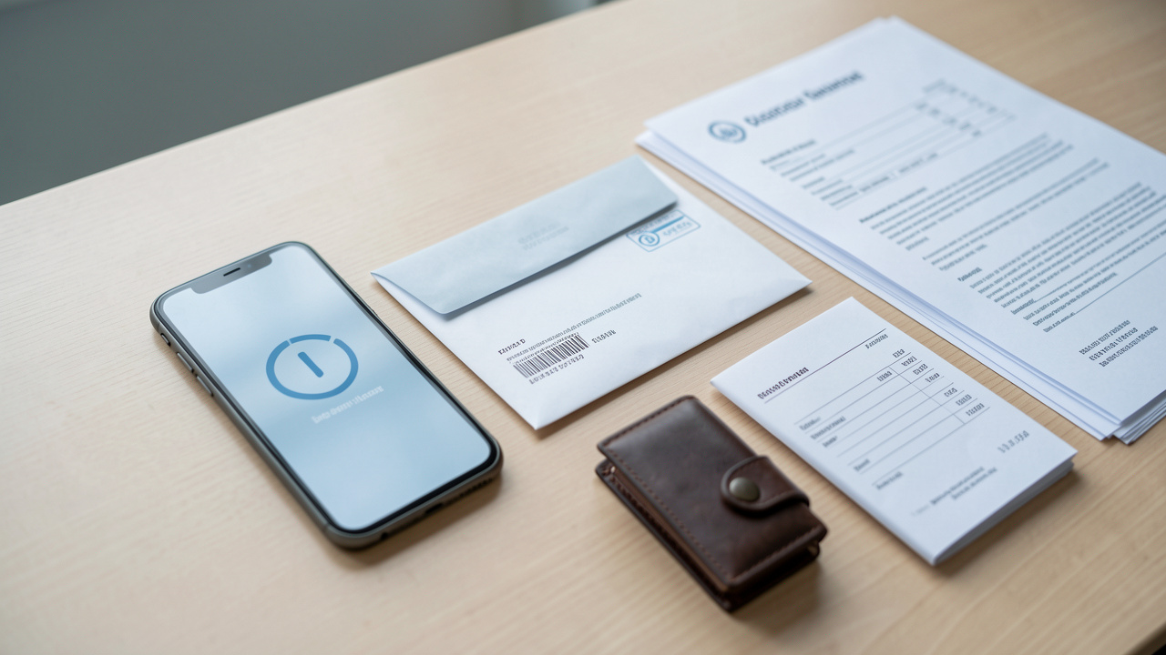 Enveloppe de transfert d’argent non ouverte posée à côté d’un smartphone et d’un portefeuille sur un bureau lumineux.